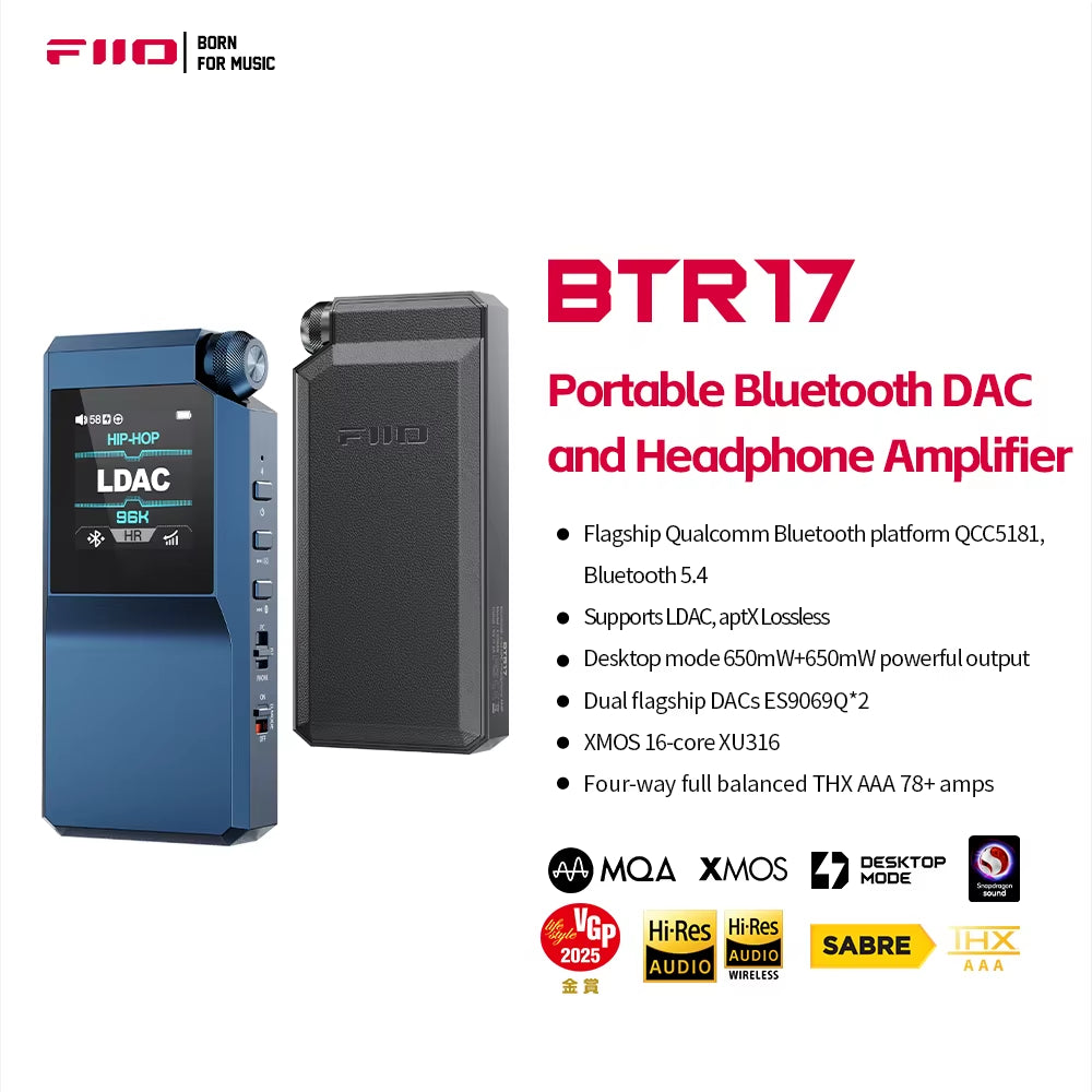 BTR17 Headphone Amp Bluetooth 5.4 Receiver with Ldac/Aptx Lossless Support, Hi-Res Portable DAC 768K/32Bit DSD512