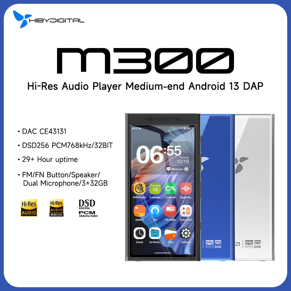 Digital M300 Android 13 Music Player MP3 Hifi Audio Bluetooth Wifi USB DAC DSD FM Radio Dual Mic Built-In Speaker IPS 29Hr