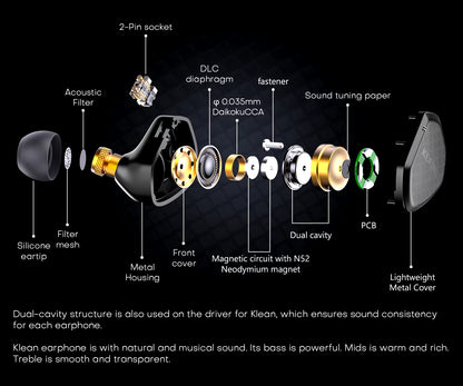 Klean 10Mm DLC Diaphragm Dynamic Driver Hifi Wired IEM Earphones with Metal Housing & Detachable 0.78Mm 2Pin 3.5Mm Cable