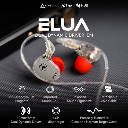 7Hz X HBB Elua 10Mm + 8Mm Dual Dynamic Driver IEM Hifi Earphones with Detachable Cable Design and Balanced Sound