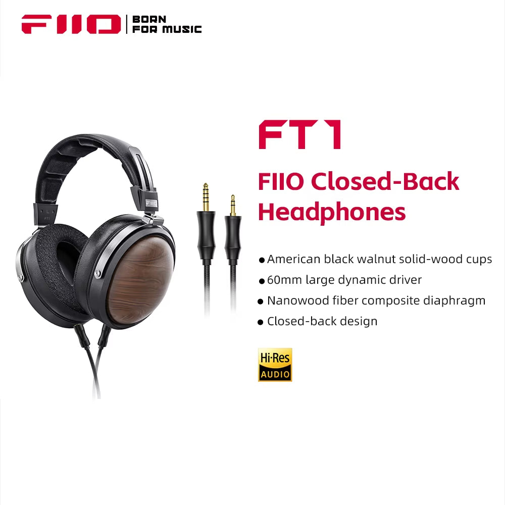 FT1 Closed-Back Over-Ear Fiber Composite Diaphragm Wired Hi-Fi Headphones, American Walnut/Beech Wood Ear Cups for Studio