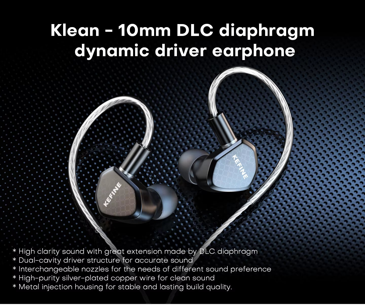 Klean 10Mm DLC Diaphragm Dynamic Driver Hifi Wired IEM Earphones with Metal Housing & Detachable 0.78Mm 2Pin 3.5Mm Cable