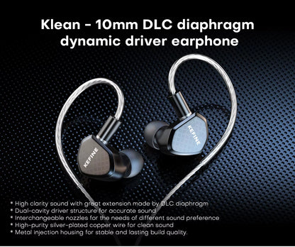 Klean 10Mm DLC Diaphragm Dynamic Driver Hifi Wired IEM Earphones with Metal Housing & Detachable 0.78Mm 2Pin 3.5Mm Cable