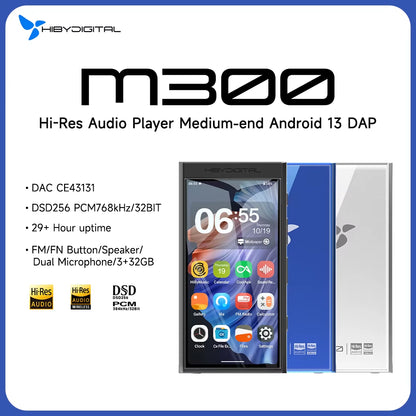 Digital M300 Android 13 Music Player MP3 Hifi Audio Bluetooth Wifi USB DAC DSD FM Radio Dual Mic Built-In Speaker IPS 29Hr